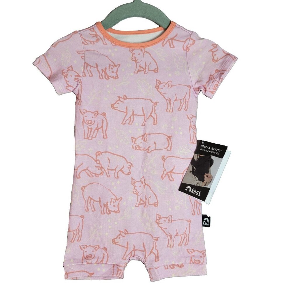 Rags Pigs Peek A Booty Infant Romper 3-6m Cotton Modal Short Sleeve Pink